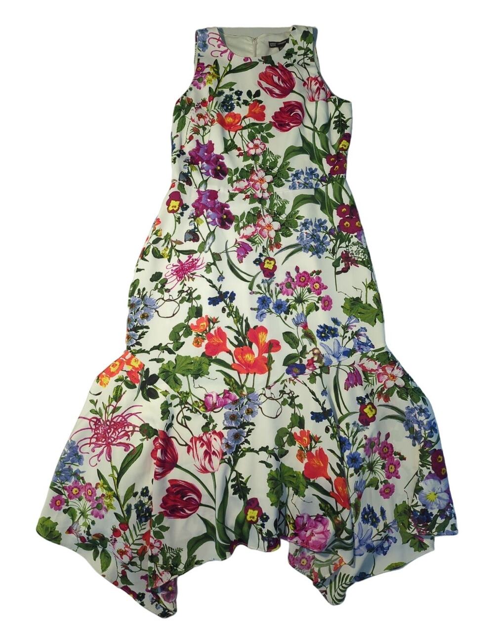 Maggie London Sleeveless Floral Midi Fitted Dress Asymmetrical Hem Women's Sz 2P